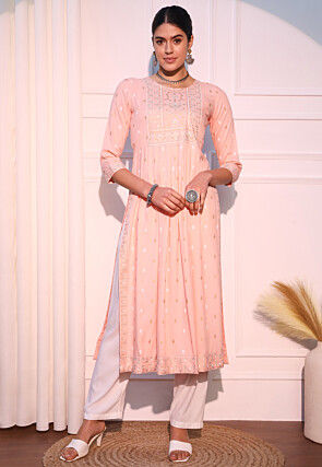 Printed Viscose Rayon Straight Kurta in Light Peach