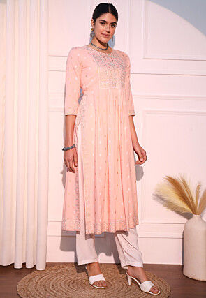 Printed Viscose Rayon Straight Kurta in Light Peach