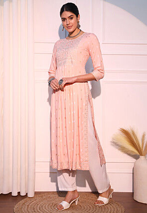 Printed Viscose Rayon Straight Kurta in Light Peach