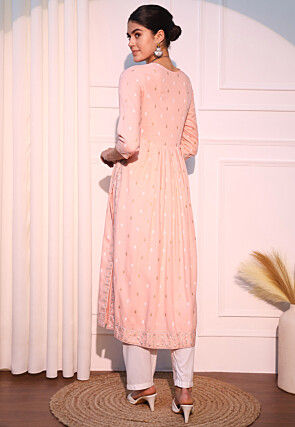 Printed Viscose Rayon Straight Kurta in Light Peach