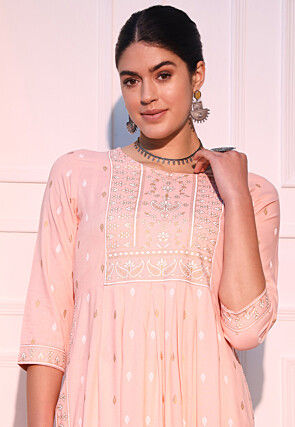 Printed Viscose Rayon Straight Kurta in Light Peach