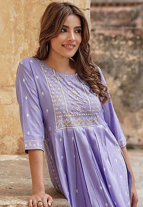 Printed Viscose Rayon Straight Kurta in Light Purple