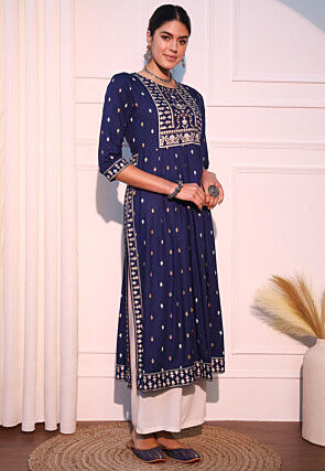 Printed Viscose Rayon Straight Kurta in Navy Blue
