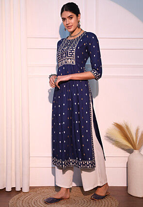 Printed Viscose Rayon Straight Kurta in Navy Blue