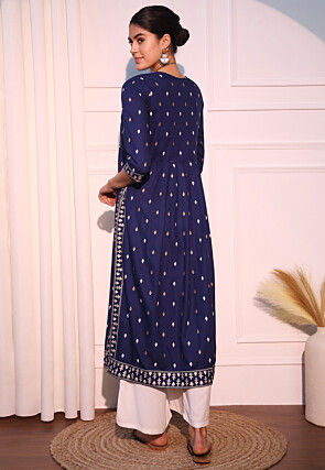 Printed Viscose Rayon Straight Kurta in Navy Blue