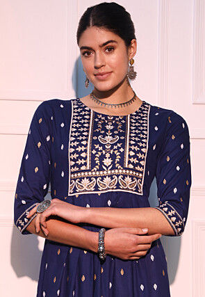 Printed Viscose Rayon Straight Kurta in Navy Blue