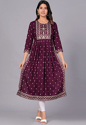 Printed Viscose Rayon Straight Kurta in Violet