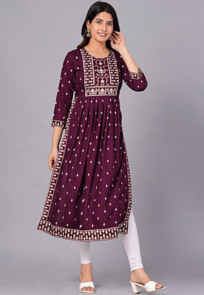 Printed Viscose Rayon Straight Kurta in Violet