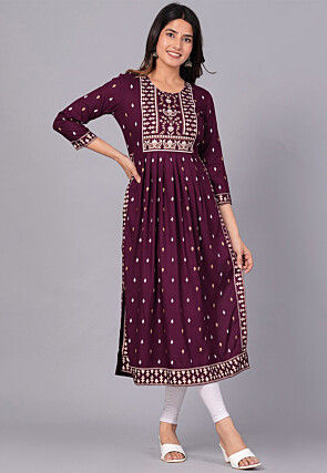 Printed Viscose Rayon Straight Kurta in Violet