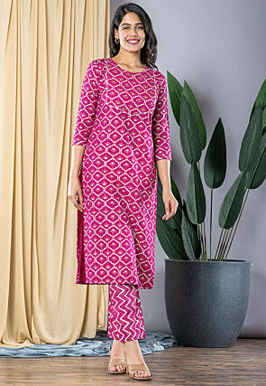 Printed Viscose Rayon Straight Kurta Set in Fuchsia