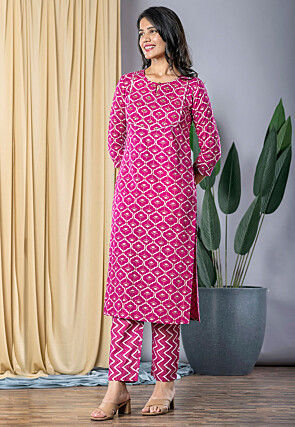 Printed Viscose Rayon Straight Kurta Set in Fuchsia