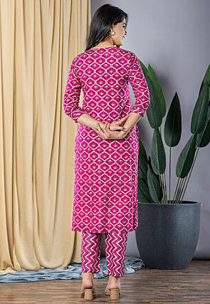 Printed Viscose Rayon Straight Kurta Set in Fuchsia