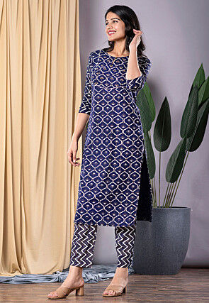 Printed Viscose Rayon Straight Kurta Set in Navy Blue