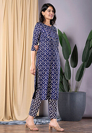 Printed Viscose Rayon Straight Kurta Set in Navy Blue