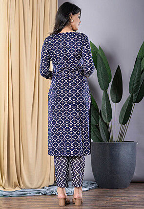 Printed Viscose Rayon Straight Kurta Set in Navy Blue