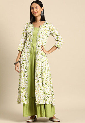 Printed Viscose Rayon Tiered Dress Jacket in Green and White