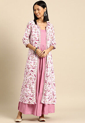 Printed Viscose Rayon Tiered Dress Jacket in Pink and Off White