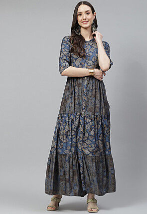 Printed Viscose Rayon Tiered Gown in Blue