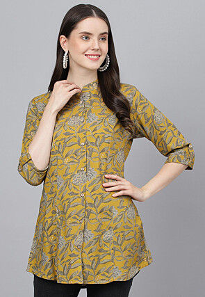 Printed Viscose Rayon Top in Mustard