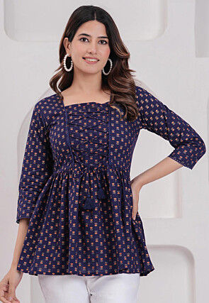 Printed Viscose Rayon Tunic in Navy Blue