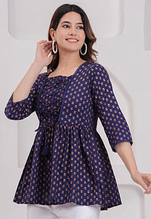 Printed Viscose Rayon Tunic in Navy Blue