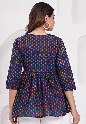 Printed Viscose Rayon Tunic in Navy Blue