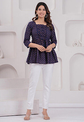 Printed Viscose Rayon Tunic in Navy Blue