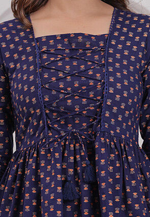 Printed Viscose Rayon Tunic in Navy Blue