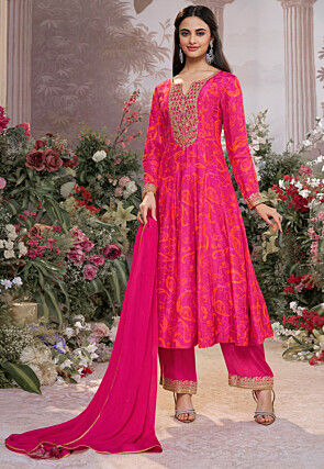 Printed Viscose Silk Anarkali Suit in Fuchsia