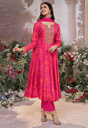 Printed Viscose Silk Anarkali Suit in Fuchsia