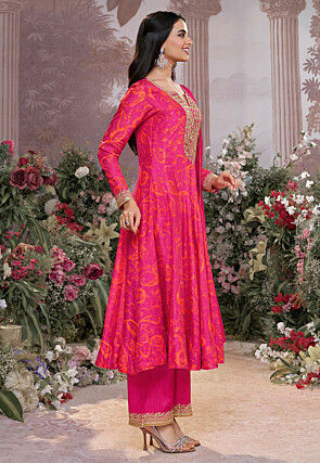 Printed Viscose Silk Anarkali Suit in Fuchsia
