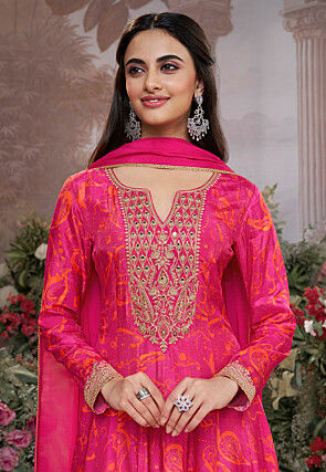 Printed Viscose Silk Anarkali Suit in Fuchsia