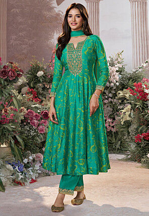 Printed Viscose Silk Anarkali Suit in Green
