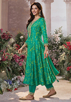 Printed Viscose Silk Anarkali Suit in Green