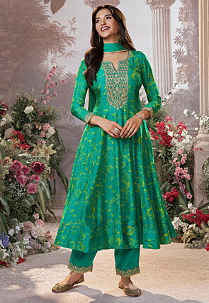 Printed Viscose Silk Anarkali Suit in Green