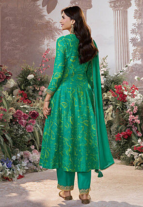 Printed Viscose Silk Anarkali Suit in Green