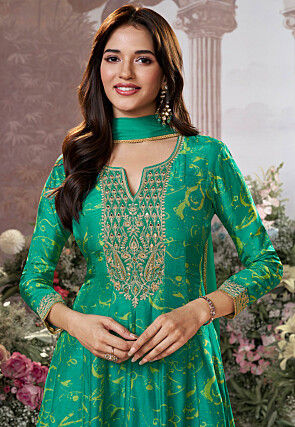Printed Viscose Silk Anarkali Suit in Green