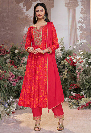 Printed Viscose Silk Anarkali Suit in Red