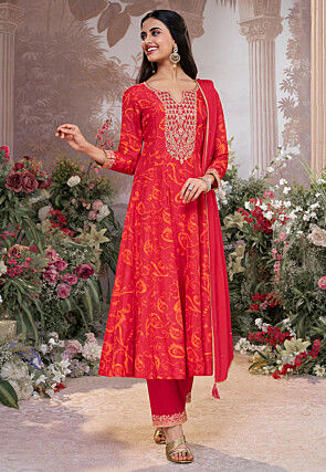 Printed Viscose Silk Anarkali Suit in Red