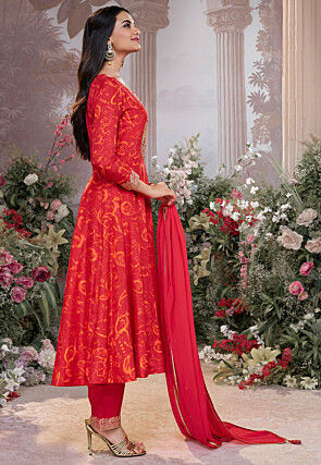 Printed Viscose Silk Anarkali Suit in Red