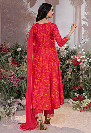 Printed Viscose Silk Anarkali Suit in Red