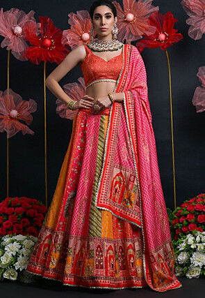 Digital Printed Art Silk Lehenga in Multicolor