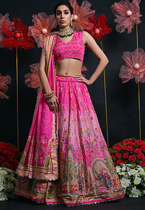 Digital Printed Viscose Silk Lehenga in Pink