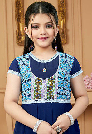 Printed Yoke Georgette Anarkali Suit in Navy Blue
