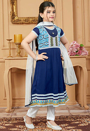 Printed Yoke Georgette Anarkali Suit in Navy Blue