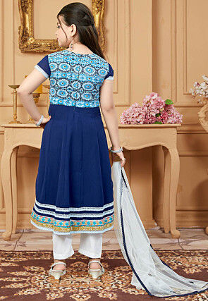 Printed Yoke Georgette Anarkali Suit in Navy Blue