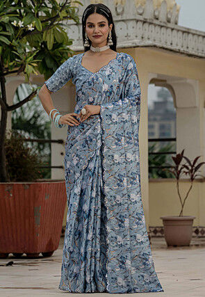 Pre-Stitched Chinon Silk Scalloped Saree in Blue