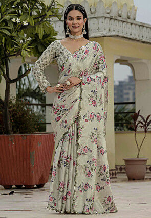 Pre-Stitched Chinon Silk Scalloped Saree in Dusty Green