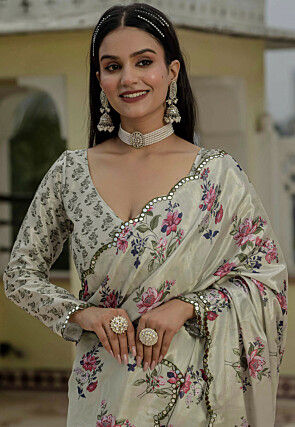 Pre-Stitched Chinon Silk Scalloped Saree in Dusty Green