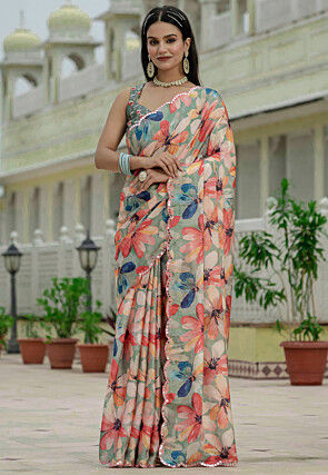 Pre-Stitched Chinon Silk Scalloped Saree in Dusty Green